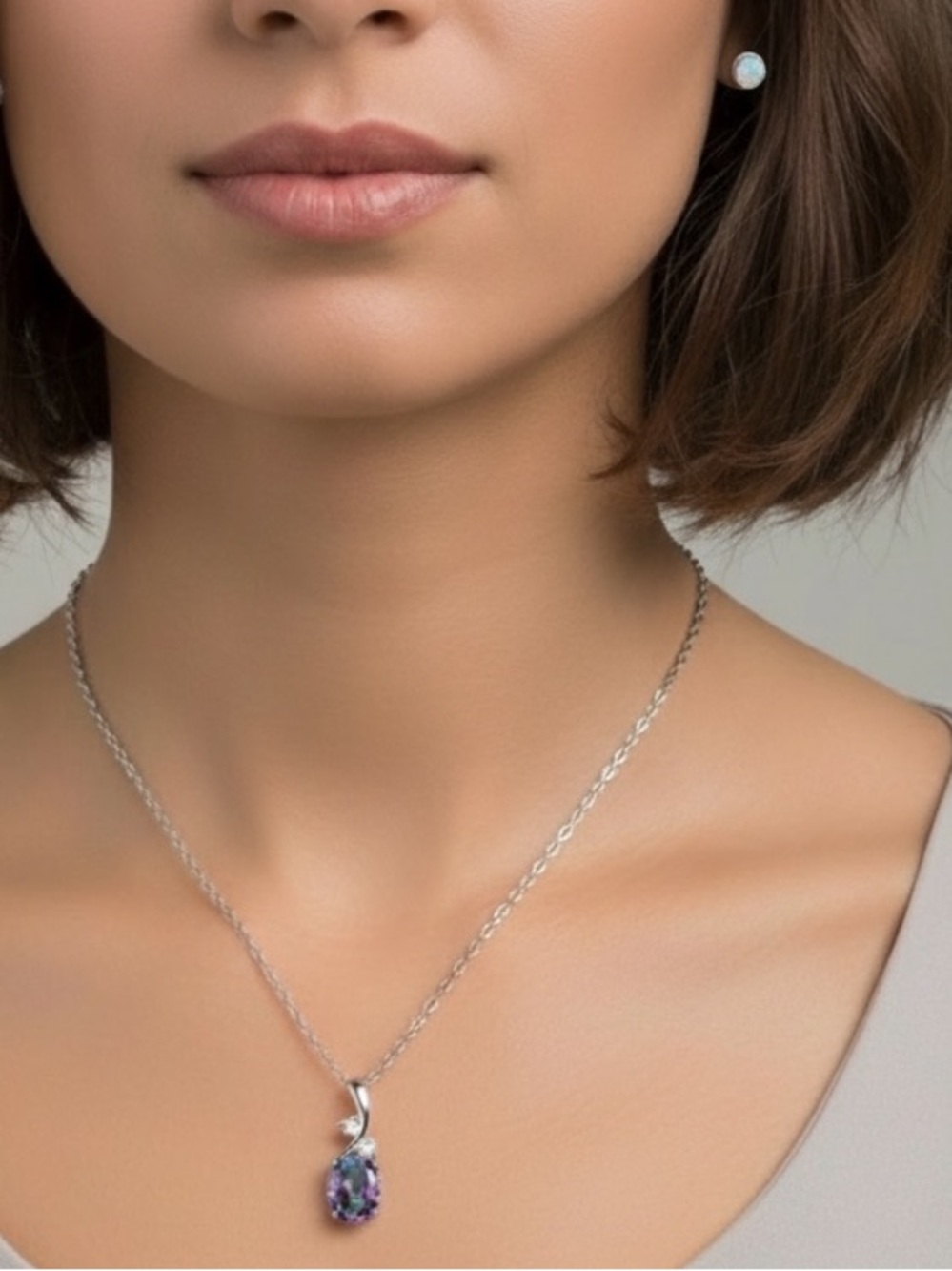Silver Platinum Iridescent Purple Aurora Borealis Opal Teardrop Necklace.